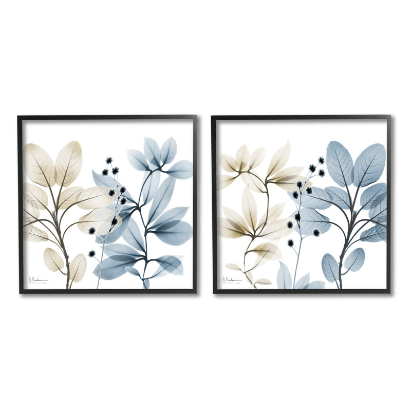 Branches de plantes contemporaines 2 pièces par Albert Koetsier, H 12 po x l 12 po x P 1,5 po, Giclée encadrée noir minuit