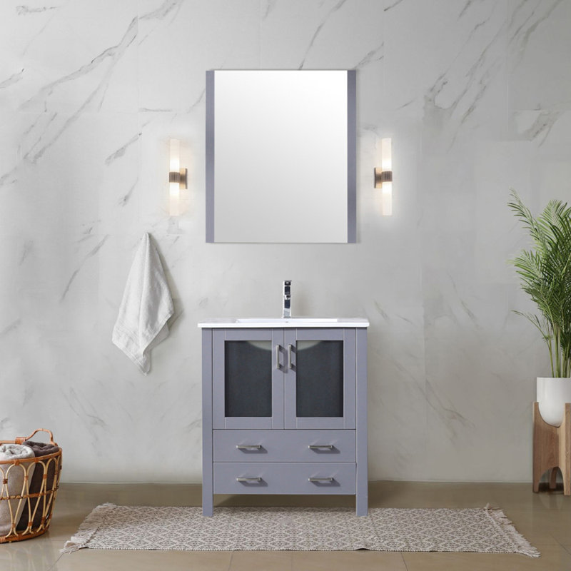 Bath Vanity 30 In. W X 18.25 In. D, Ceramic Top, And 28 In. Mirror, Dark Grey