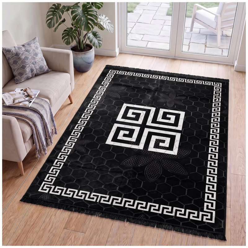 Rectangle Geometric Shapes Washable Area Rug, BLACK, Rectangle 160 x 230 cm