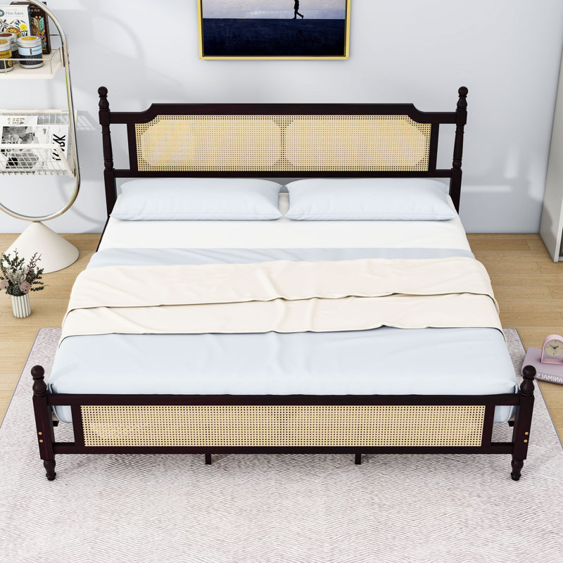 Platform Bed with Rattan Headboard, Espresso, King