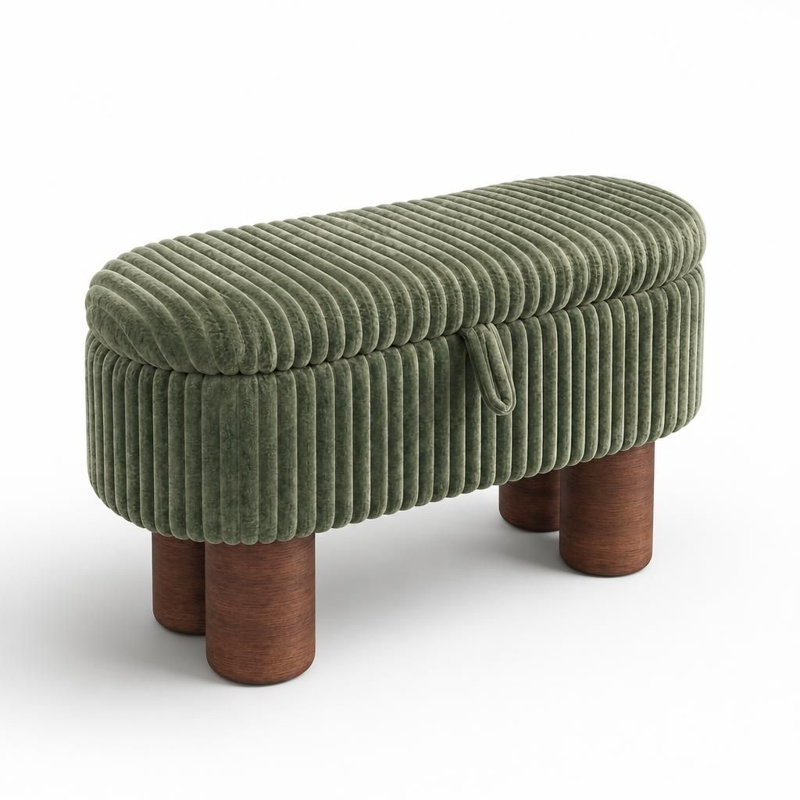 Banc de rangement avec repose-pieds en velours côtelé Corduroy, Green / Striped, Vert, Brun