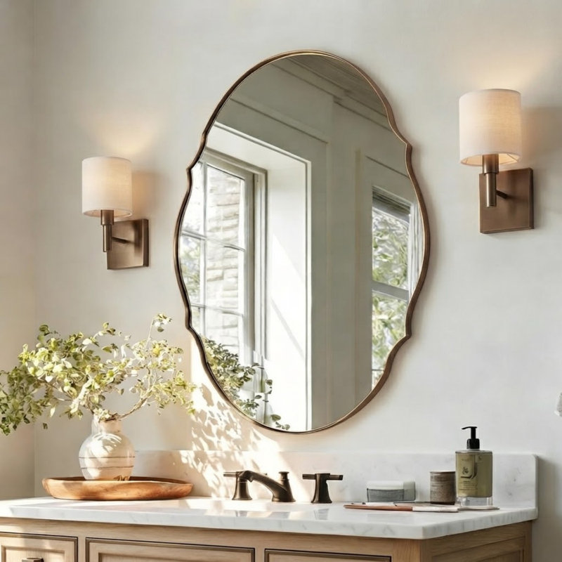 Contemporary Oval Scalloped Wall Mirror Irregular Bathroom Vanity Mirror | Stainless Steel Frame, Brushed Bronze, 40" x 30"