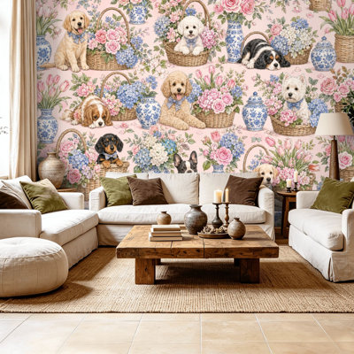 Papier peint adhésif auto-adhésif moderne pour la chambre à coucher avec des chiots mignons