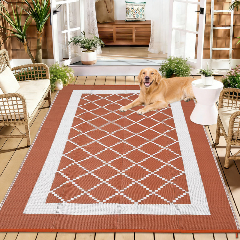 Tapis d'extérieur imperméable en paille plastique, réversible, géométrique et léger, pour jardin, terrasse, plage, VR ou balcon.