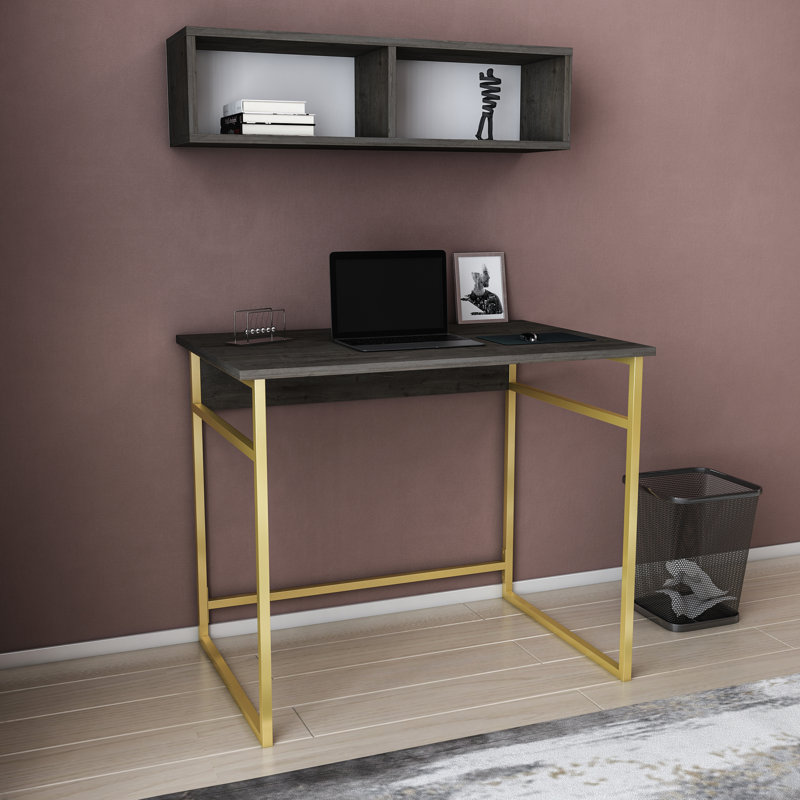 Hussum Metal Base Writing Desk, Dark Gray Oak/Gold