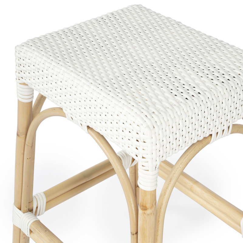 Lennart 18" Dining Stool, Glossy White/ Natural Rattan Frame