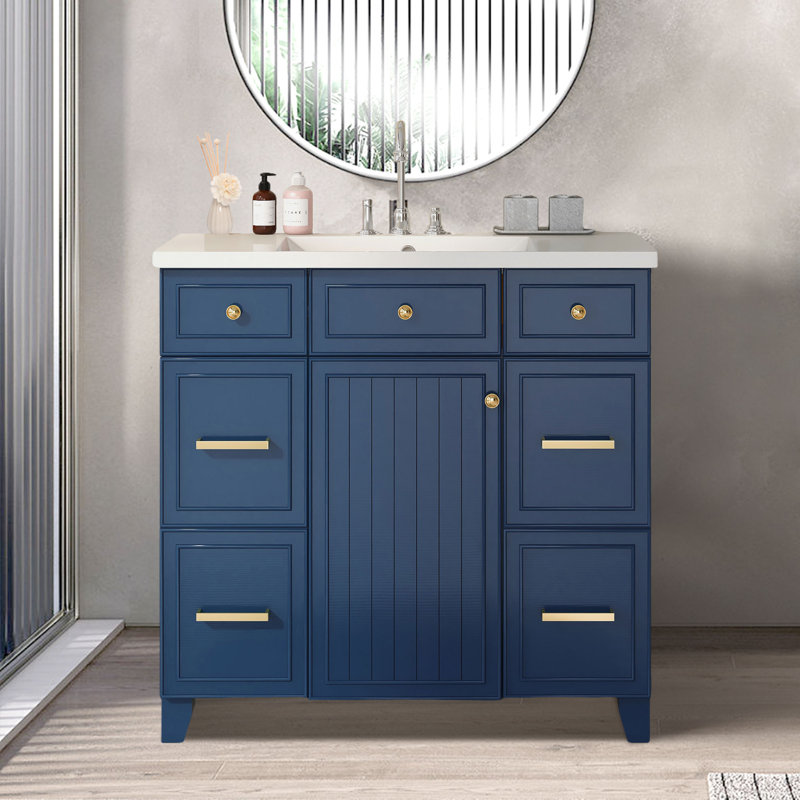 36'' Single Bathroom Vanity with Resin Top, Navy Blue