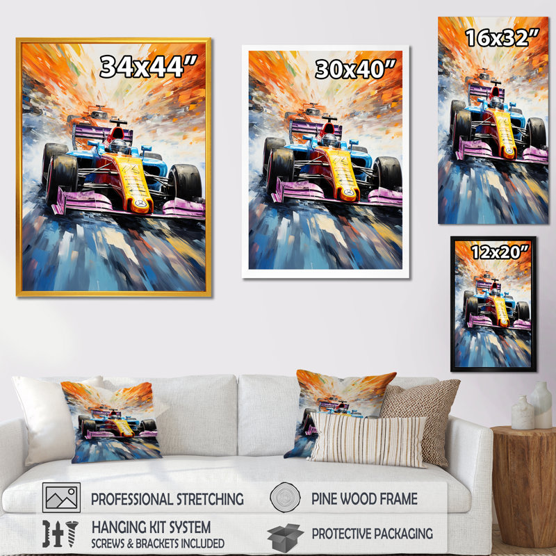Popart Formule voiture sur la piste de course II - Art mural, Cadre simple noir, H 32 po x l 16 po x P 1 po