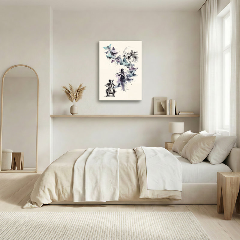 Art mural sur toile, "Musiciens et papillons en bleu", 30"H x 20"W