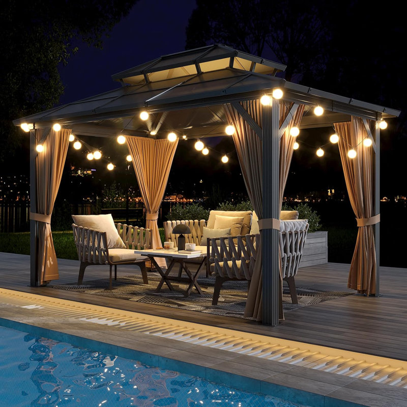 10' Hardtop Gazebo, Outdoor Polycarbonate Double Roof Canopy With Aluminum Frame, Curtains And Netting, Brown