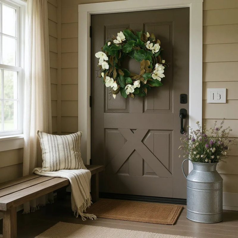 26" Magnolia Flowers And Leaves Arranged On A Wreath, White