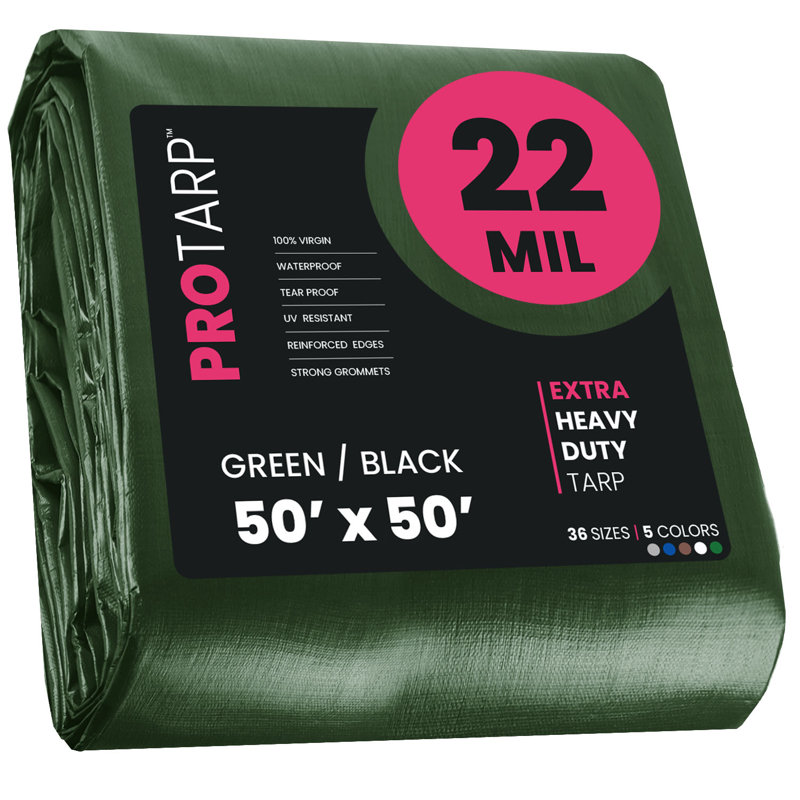 Bâche en polyéthylène robuste de 22 mil, imperméable et résistante aux rayons UV, Vert/noir, 24 pi x 24 pi