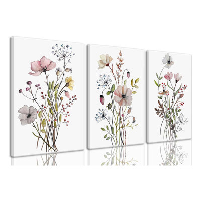 Encadré de fleurs sauvages, art mural aquarelle rose, affiche de fleurs, ensemble de 3 photos de fleurs minimalistes modernes, décoration de chambre, salle de bain, salle de bain