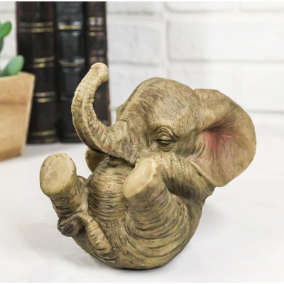 Whimsical Safari Savanna Baby Calf Elephant Cradling On Its Back Figurine