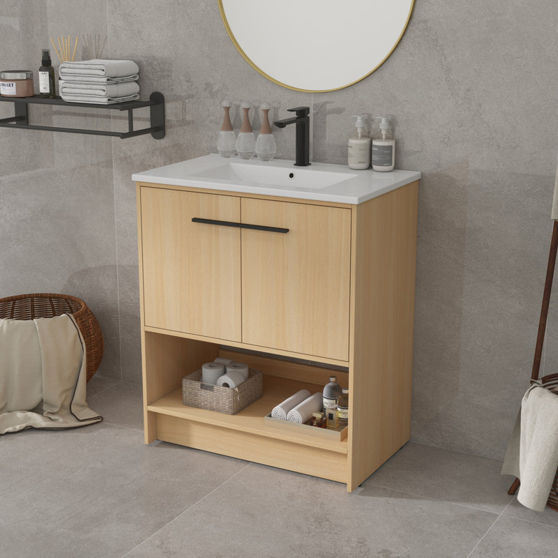Meuble-lavabo 30 po avec lavabo en céramique, Chêne, Noir