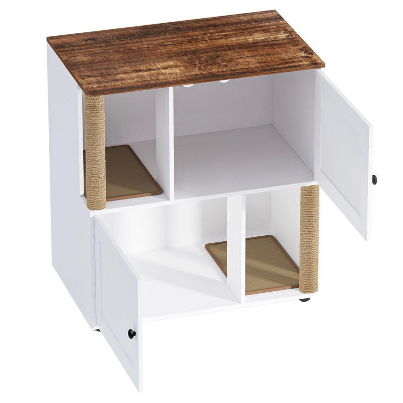 Double bac à litière pour 2 chats - armoire en bois à 2 niveaux avec poteaux à griffer et tapis, salle de bain / lit d'angle pour chat