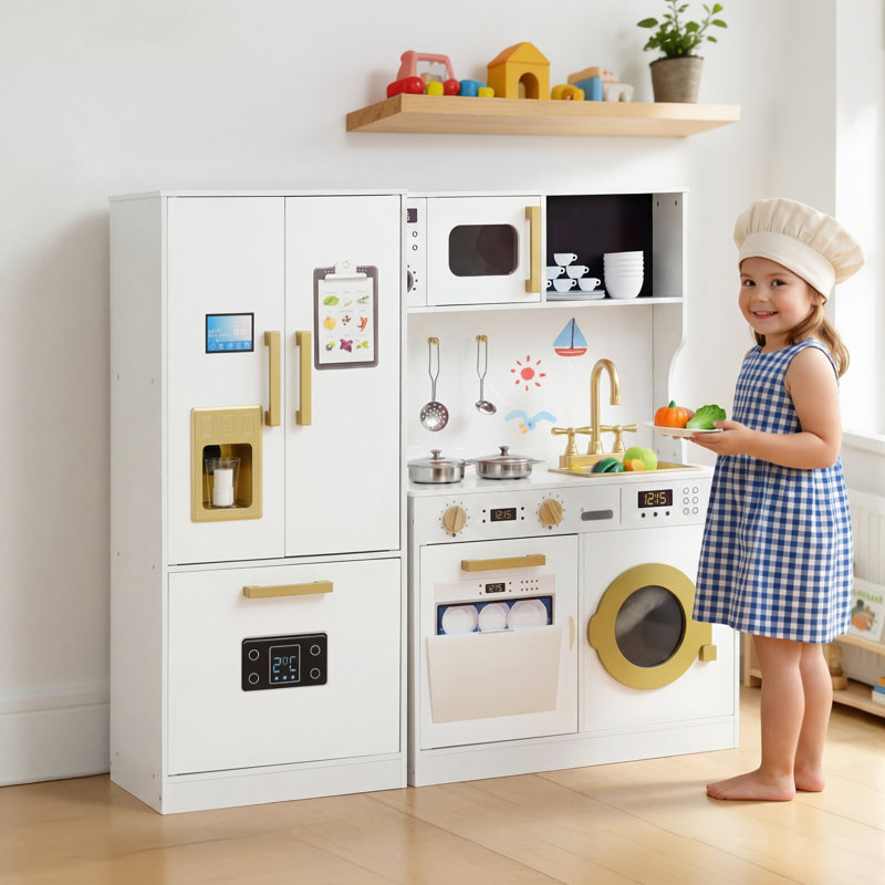 Wooden Play Kitchen Set for Kids with Sink, Freezer, Ice Maker, Washing Machine & Accessories Large Storage & Realistic Features