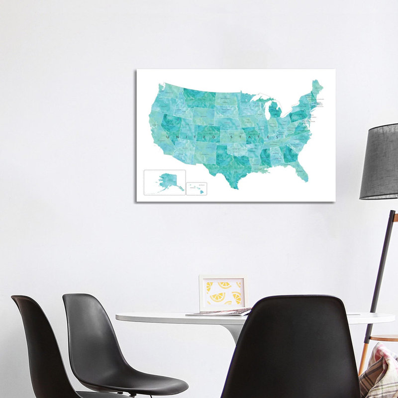 Aquamarine Watercolor Map Of The Usa With States And State Capitals by Blursbyai - Gallery-Wrapped Canvas Giclée on Canvas