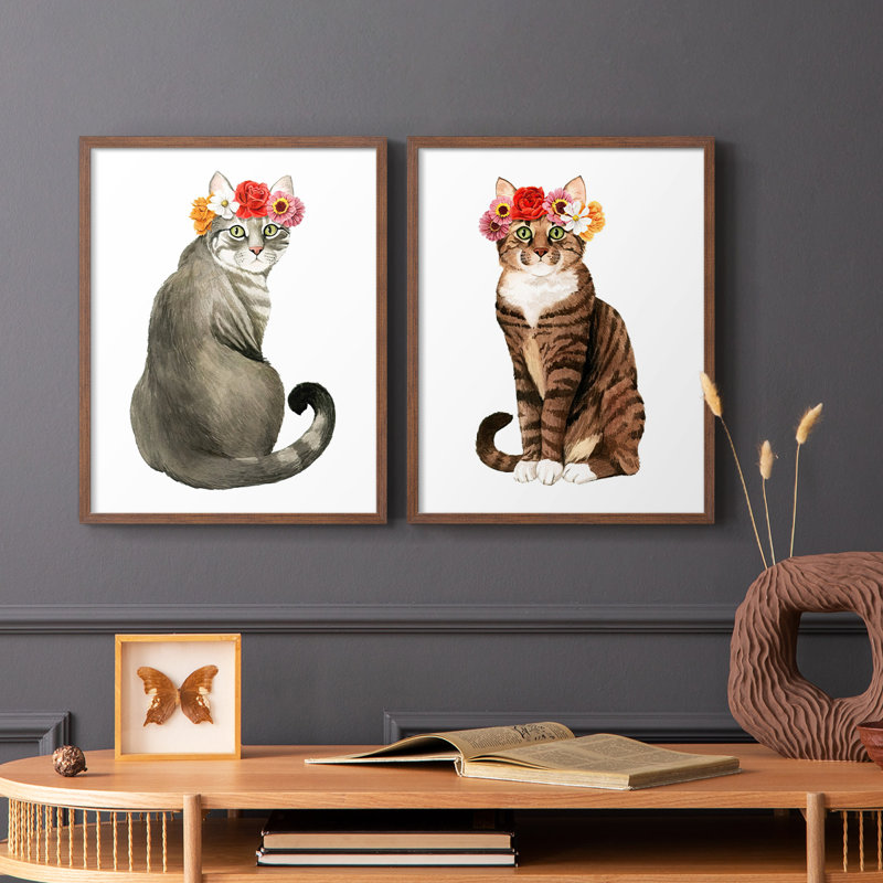 «Flower Crown Cats I», reproduction encadrée de qualité supérieure - prête à être accrochée - aucun clou requis - aucun clou requis