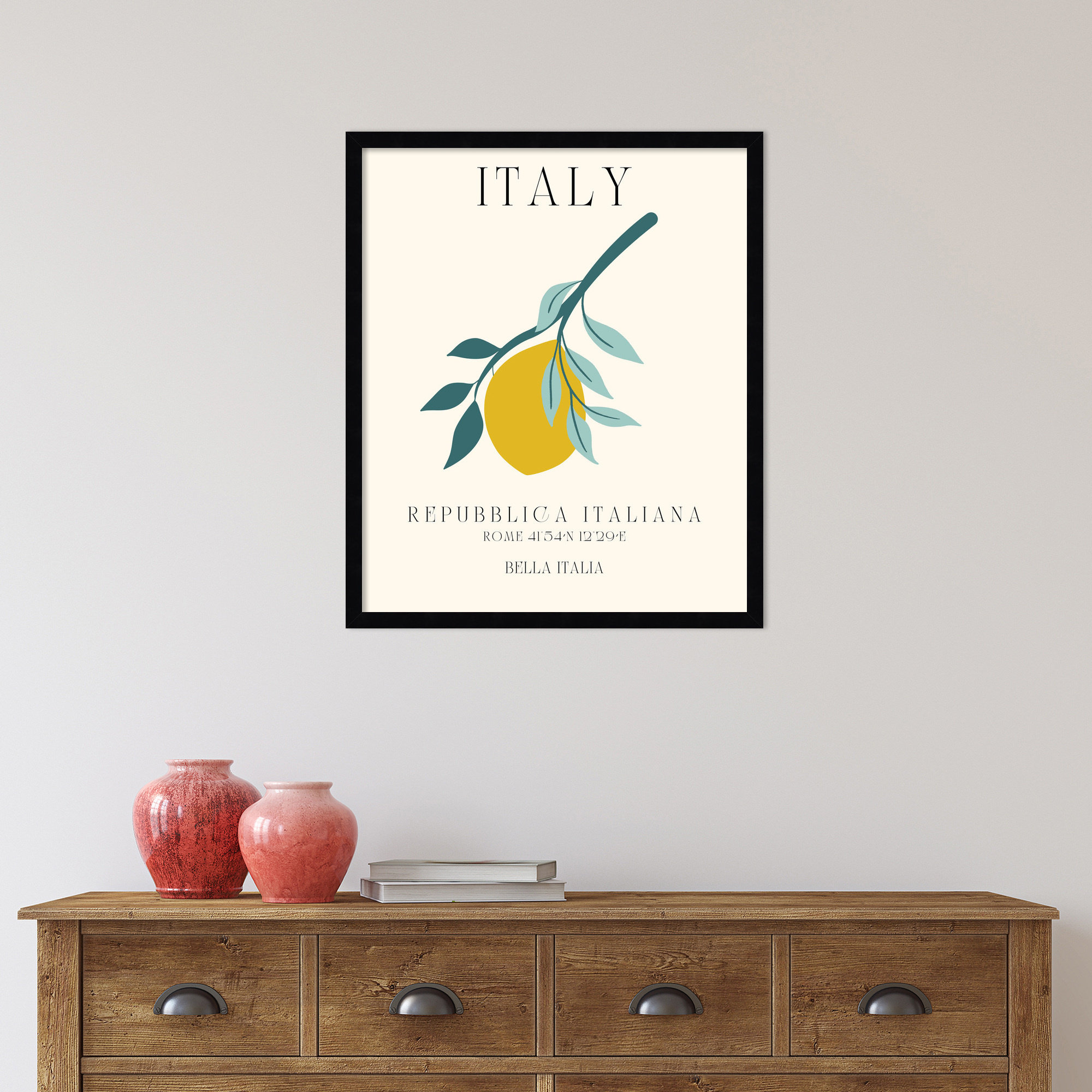 Italy Travel Poster Bella Italia by Chayan Lewis, 21" W x 25" H x 1" D, Black Framed