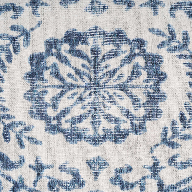 Machine Washable Beige Blue Traditional Damask Style Distressed Living Room Area Rug, Rectangle 60 x 110cm