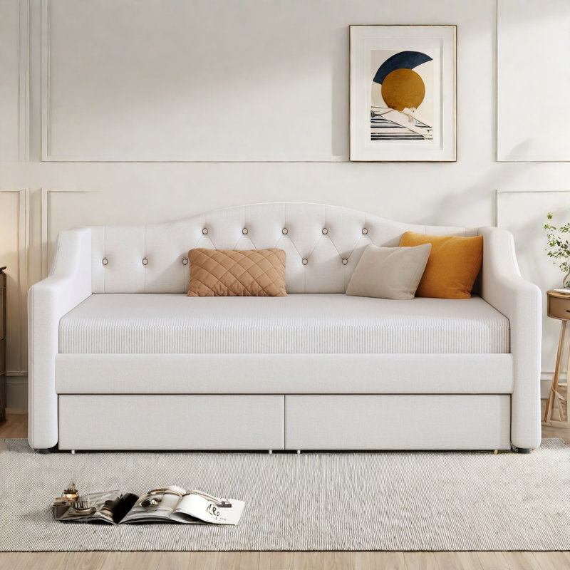 Modern Upholstered Daybed With Led Belt, Trundle And Button Tufted Design, Beige