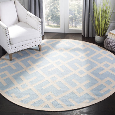 Fung Hand Woven Flat Weave Wool/Cotton Geometric Rug in Light Blue/Ivory