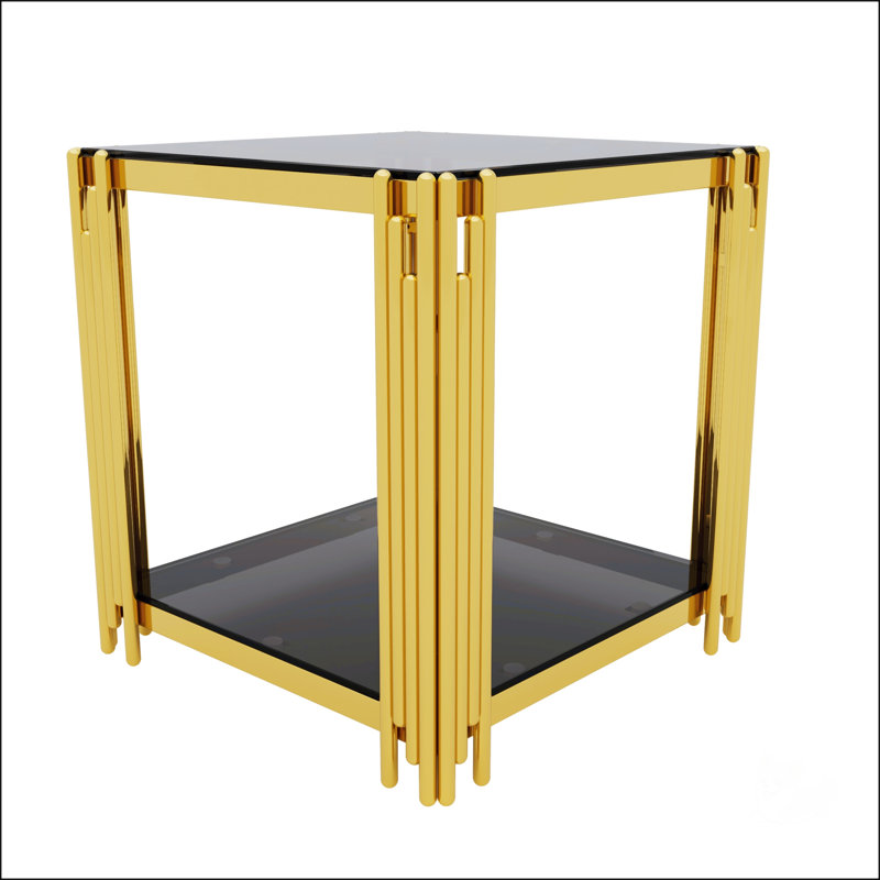 Table de bout moderne à miroir noir avec structure asymétrique en métal, tablette inférieure pour le salon, 19,9 po, Noir