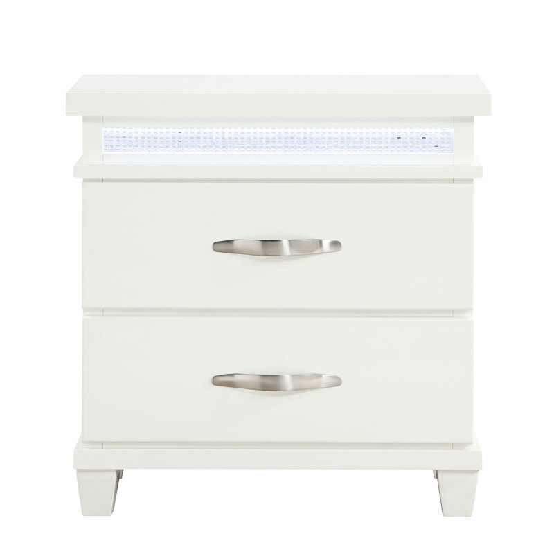 Table de chevet pour chambre à coucher avec 2 tiroirs au fini blanc et 2 lumières DEL