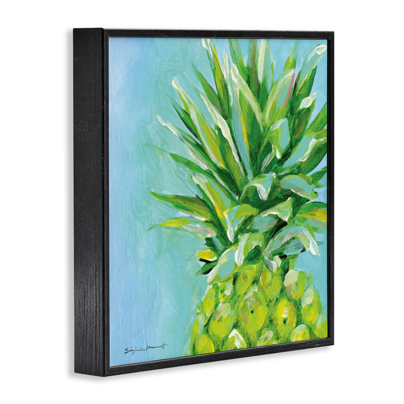 «Tropical Blue Pineapple Fruit» par Stephanie Workman Marrott - peinture à cadre flottant sur bois