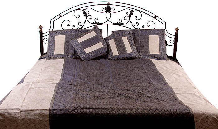 Exotic India Silk Blue and Ivory Bedcover with All-Over Weave From Banaras (Set of 5)