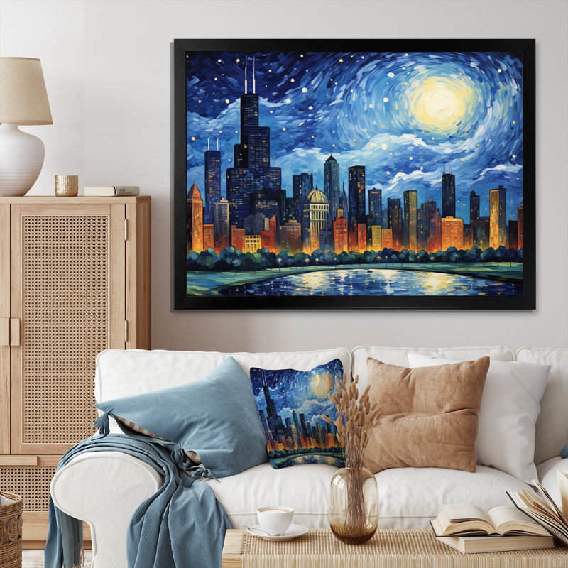 «Chicago The Starry Night», art mural sur toile Chicago, Cadre simple noir, H 30 po x l 40 po x P 1,5 po