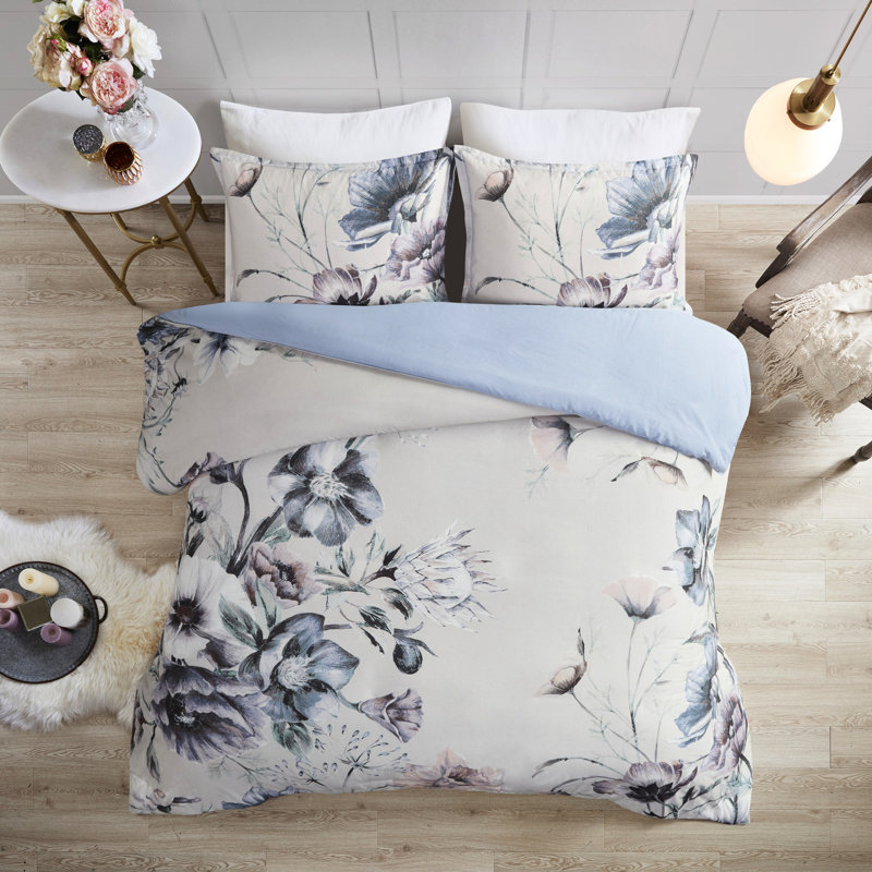 Housse de couette en coton - 3 pièces pour lit double / grand avec magnifique imprimé grand format et floral, Bleu