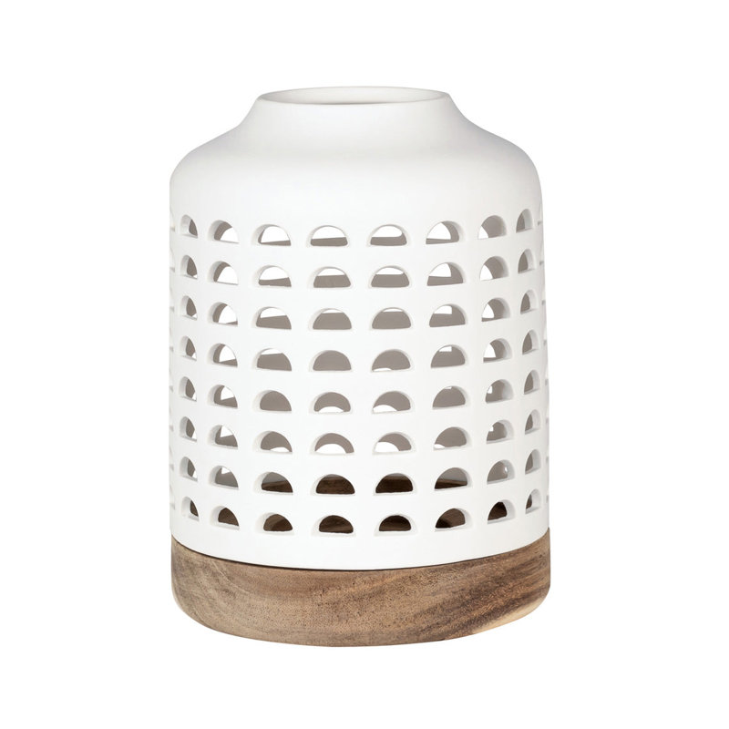 Lanterne avec découpes - Porcelaine et bois d'acacia - Grand
