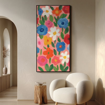 Extra Large Wall Art Fabric Print - Colourful Floral Playful Multicolor Blossom Artwork Decor for Living Room or Bedroom - "Frame Assembly Required (Unfinished Frame)"