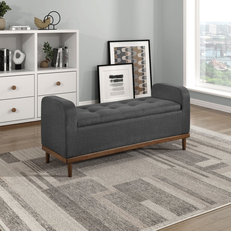 Banc Mid-Century moderne à plateau relevable, rembourré en mousse gris foncé, structure en contreplaqué de bois massif, tissu texturé de rangement pour chambre à coucher, finition noyer,