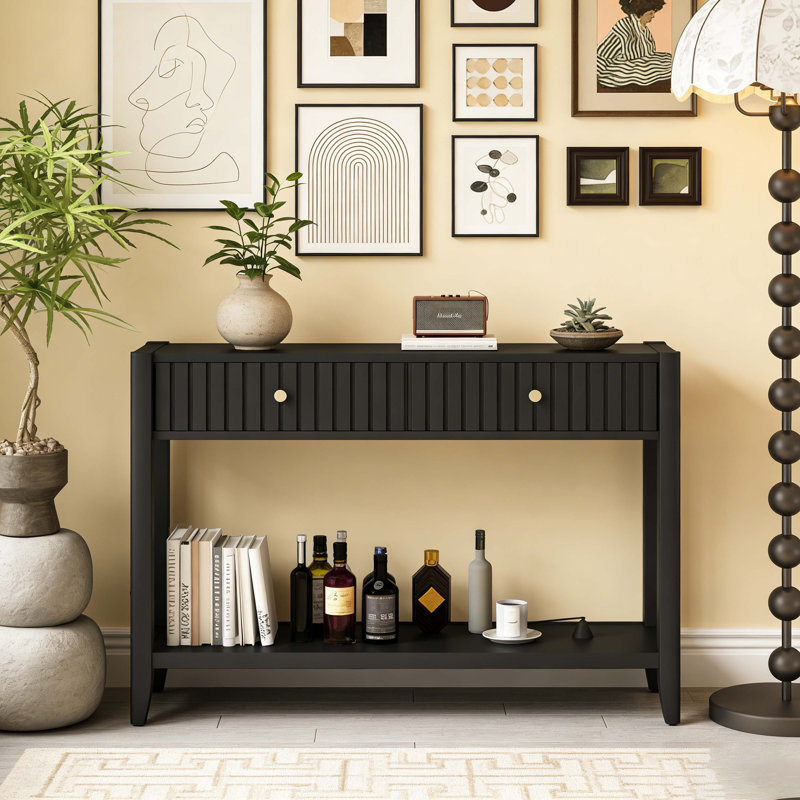 Console étroite en bois avec tiroirs et tablette de rangement, parfaite pour le vestibule, le couloir et le décor de salon en noir