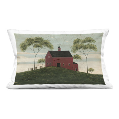 Coussin décoratif imprimé grange rouge avec paire d'arbres, design par Warren Kimble