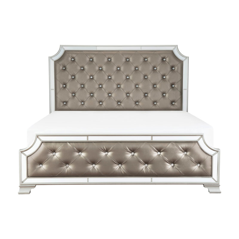 Cadre de lit grand format argenté, tête de lit à boutons et garniture de miroir biseauté, cadre de chambre à coucher de style contemporain désirable avec finition glamour, style gracieux