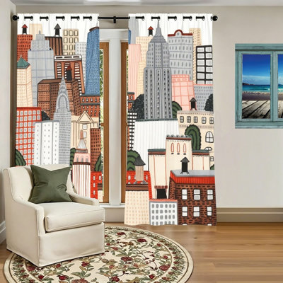 2Pcs Whimsical Cityscape Blackout Curtains, Artistic Skyline Window Drapes, Decorative Room Panels for Living Room, Bedroom, Home Office Decor