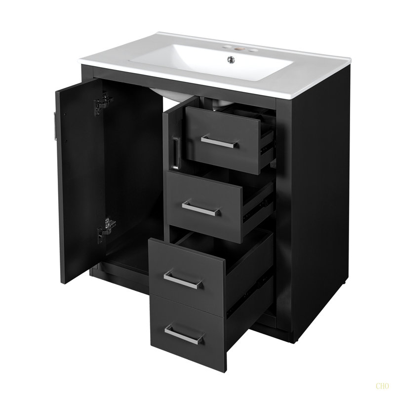 30'' Bathroom Vanity With Ceramic Sink Combo, Solid Wood Frame Bathroom Storage Cabinet, Freestanding Vanity Set With 3 Drawers& Soft Closing Doors