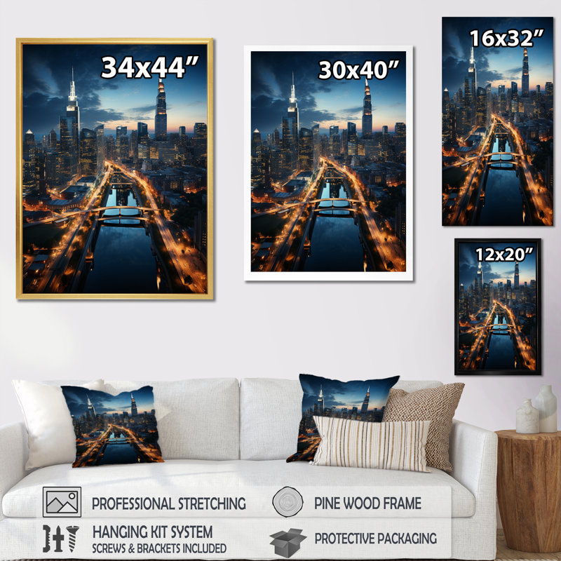 Larana Charlotte Cityscape At Night II, reproduction d'art sur toile, H 40 po x l 30 po x P 1,5 po, Cadre flottant doré