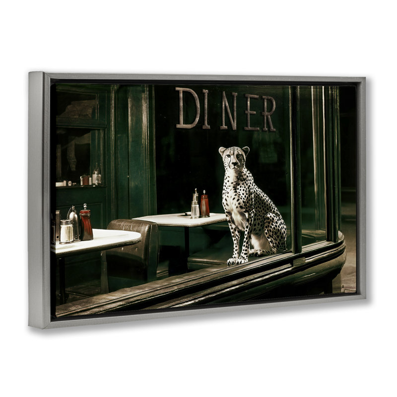 Cadre flottant Diner Sentry Leopard, design par Annabelle Hall, H 17 po x l 25 po, Cadre flottant gris lustré