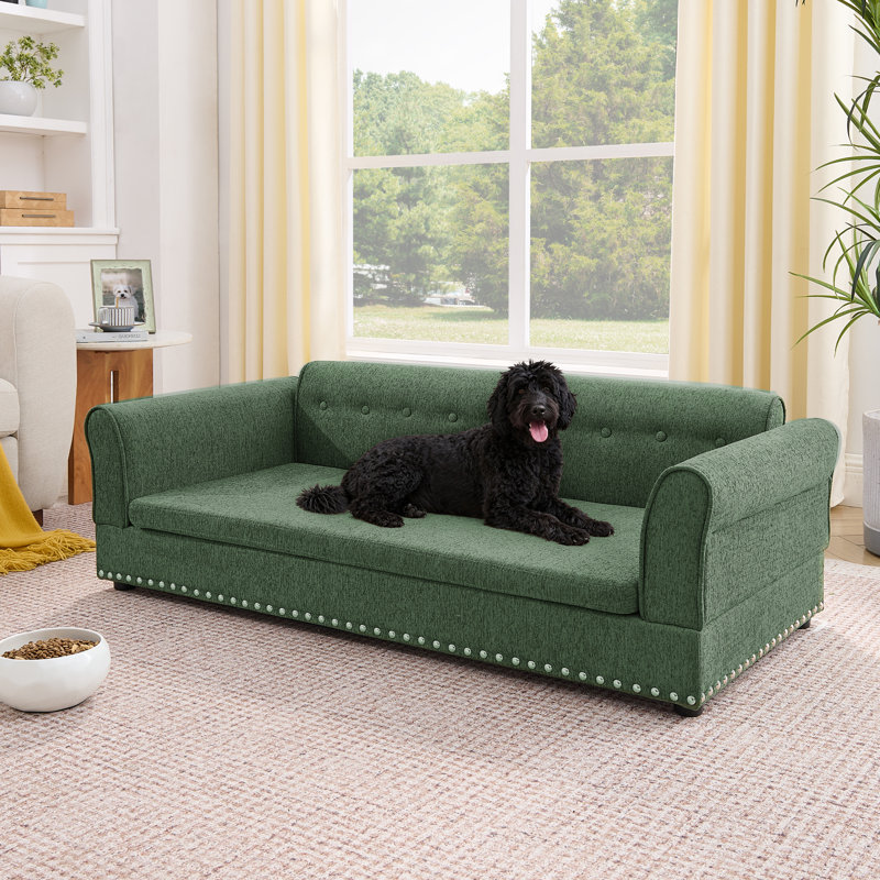 Canapé surdimensionné pour animal de compagnie, élégant canapé-lit surélevé en tissu de lin moderne, lit pour animal de compagnie rectangulaire surdimensionné confortable avec dossier et accoudoirs pour grands et très grands chiens - vert olive