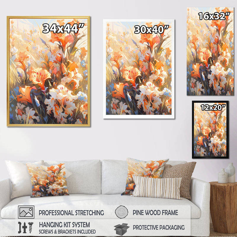 Corail blanc, coup de crayon, bouquet de fleurs sur toile, H 32 po x l 24 po x P 1 po, Cadre naturel flottant