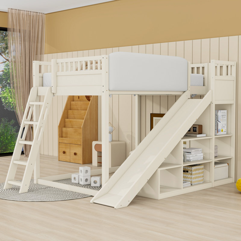 Lit mezzanine en bois avec glissoire, tablettes de rangement et échelles, Complète, Beige