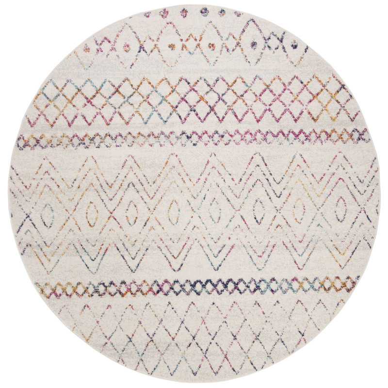 Christa Geometric Power Loom Ivory/Fuchsia Rug, Round 6'7"