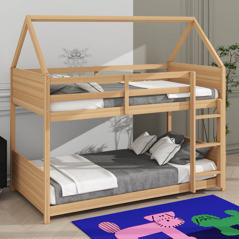 Twin Over Twin House-Design Floor Bunk Bed Complete With Head And Foot Panels, White Oak