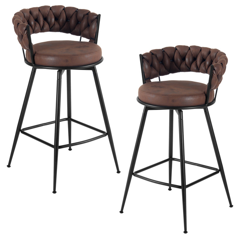 Modern Dark Brown Suede Fabric Upholstered Bar Stool With Woven Look Backrest & Fixed Black Metal Frame Stable Counter Height Stool For Kitchen Breakfast Bar Or Cafe, Set Of 2