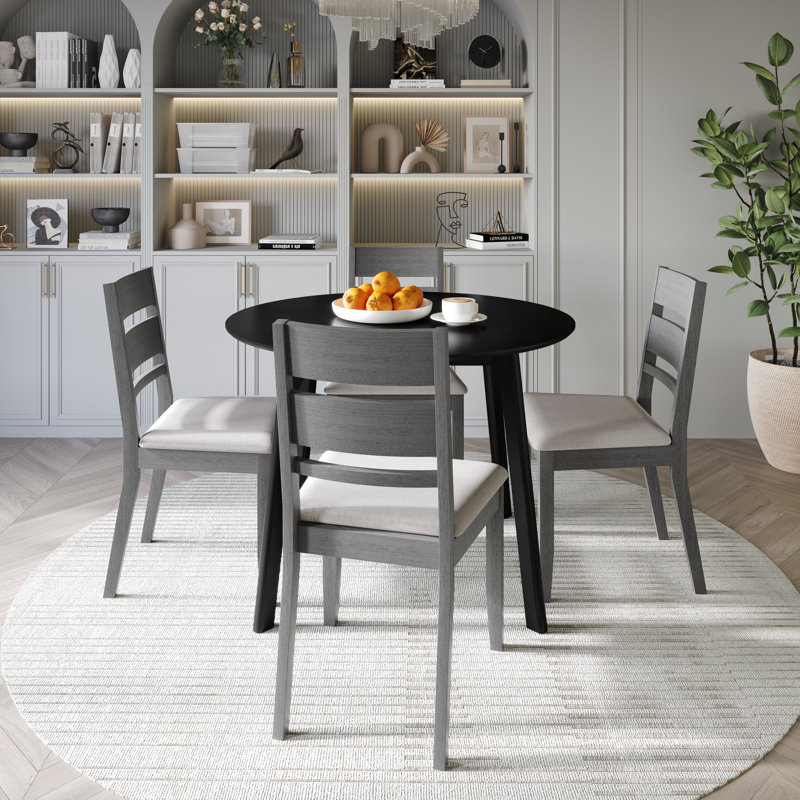 Ensemble de salle à manger 5 pièces avec table ronde noire et chaises à dossier horizontal rembourrées grises, Gris